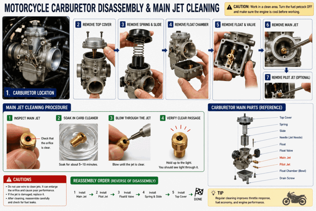 Motorcycle carburetor disassembly — main jet cleaning for no-start diagnosis

