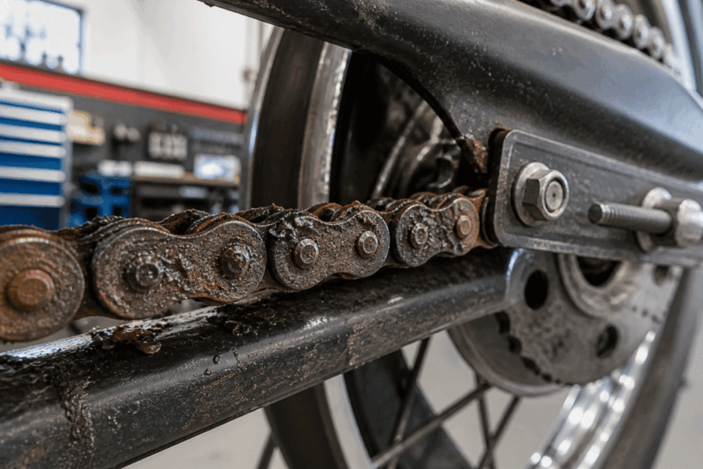 Dry and dirty motorcycle chain showing lack of lubrication and rust
