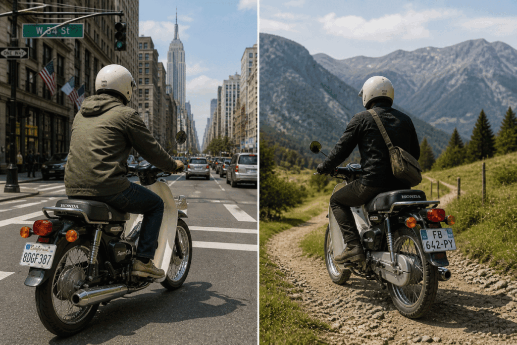Motorcycle riding on urban road versus dirt trail showing different riding environments
