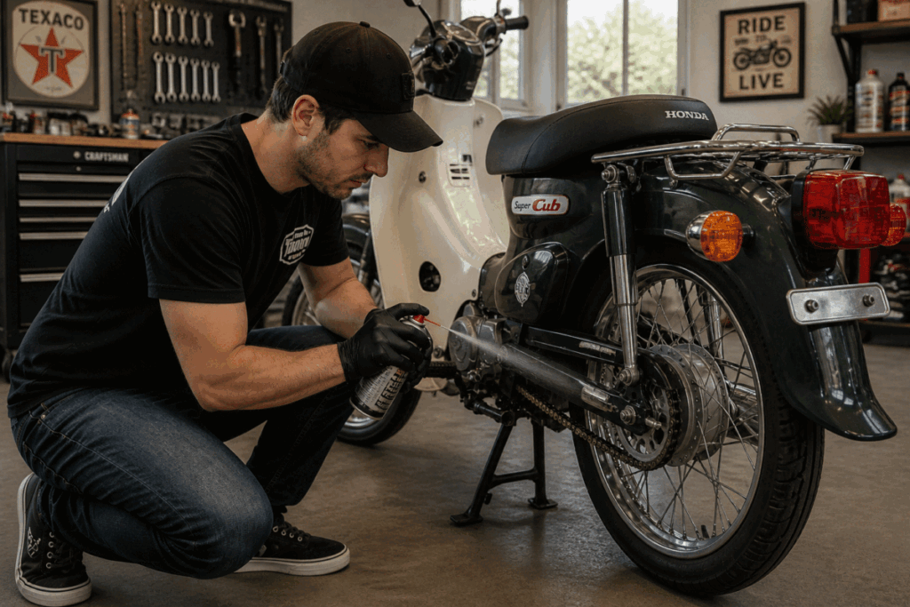 Rider applying chain lubricant to motorcycle chain in garage
