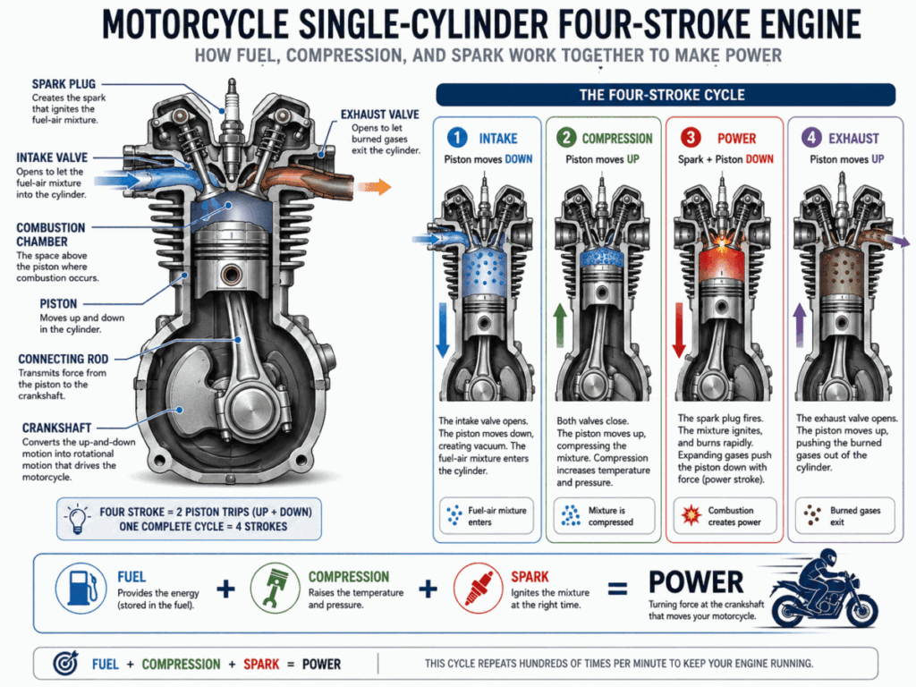 Motorcycle engine starting principle — fuel compression spark three elements diagram

