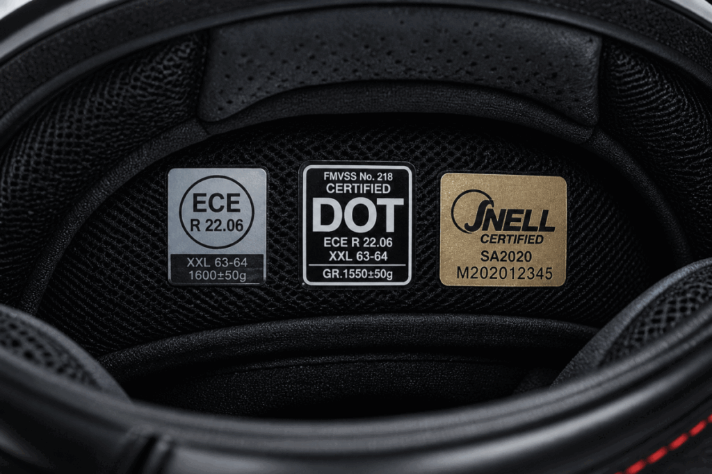 Motorcycle helmet safety certification — ECE DOT SNELL certification labels