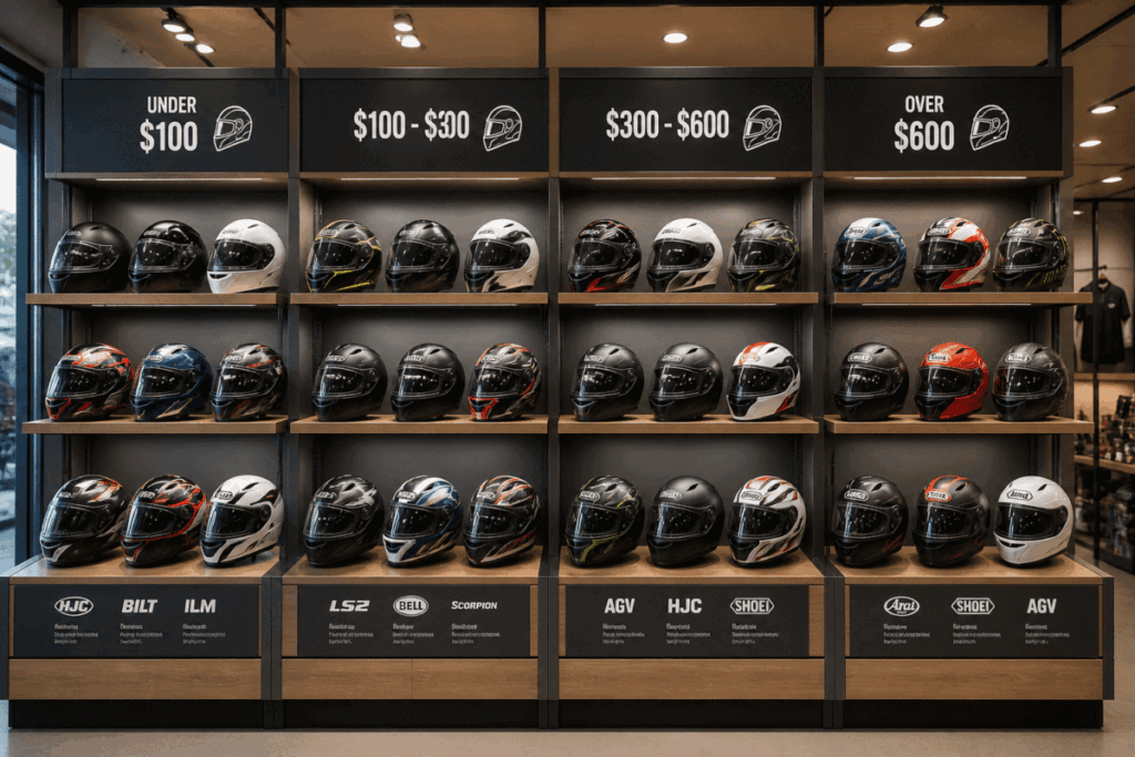 Motorcycle helmet shop display — various price range helmets for beginners