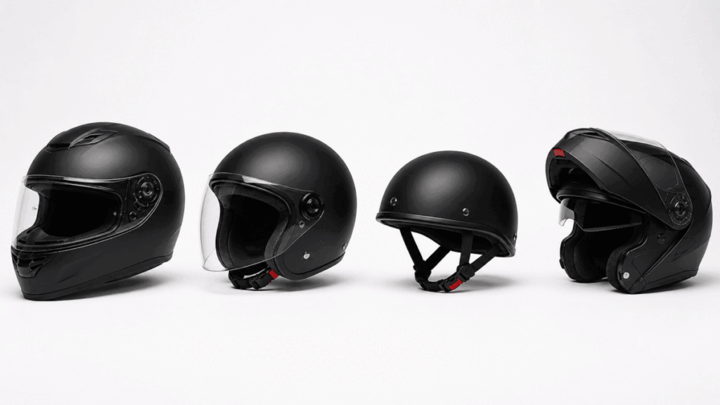 Motorcycle helmet types comparison — full face, open face, half, modular helmets