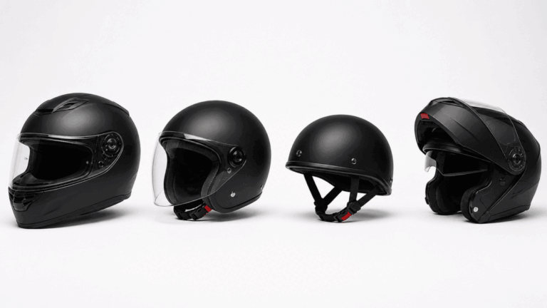 Motorcycle helmet types comparison — full face, open face, half, modular helmets