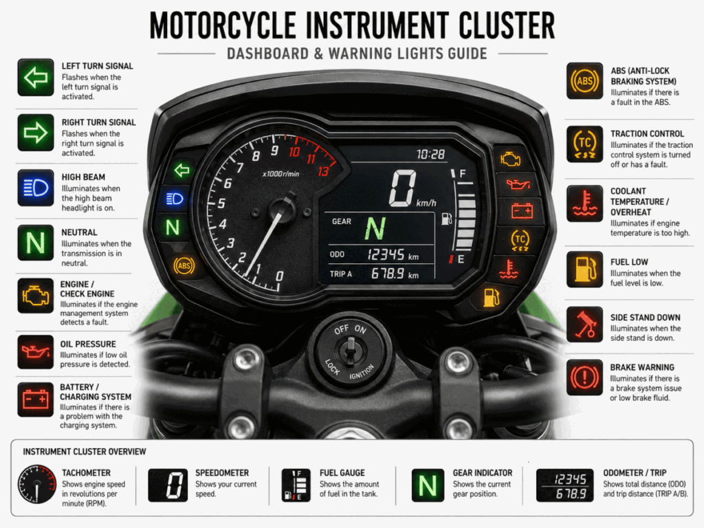 Motorcycle dashboard warning lights check — first step for no-start diagnosis Motorcycle Won't Start
check

