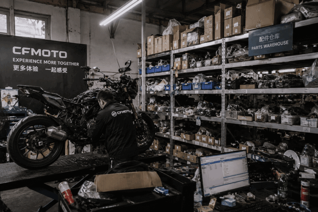 motorcycle repair shop parts warehouse