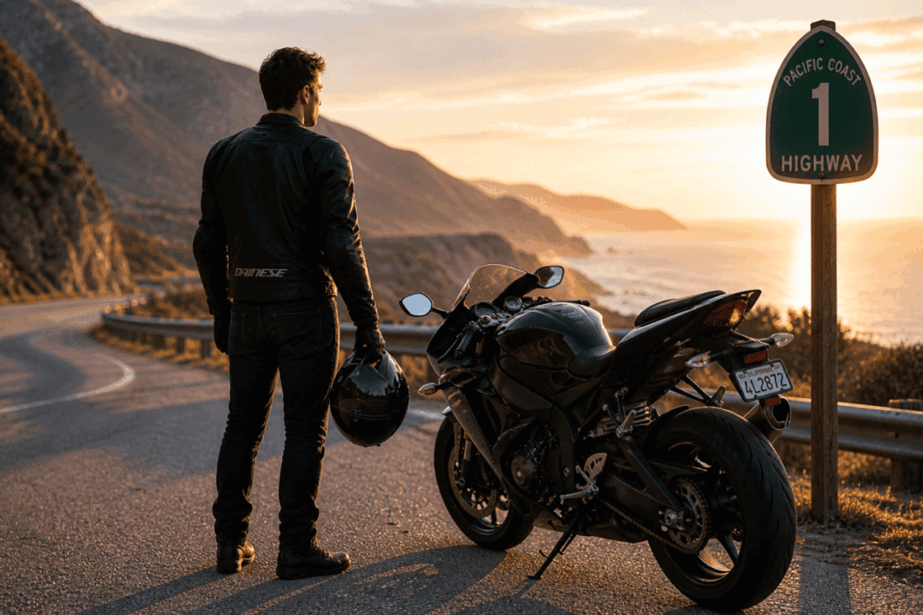 Motorcycle rider holding helmet next to bike — how to choose a motorcycle helmet