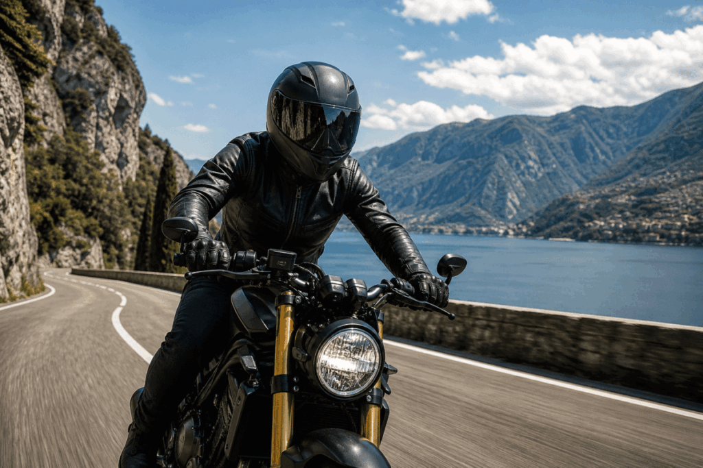 Motorcycle rider wearing full face helmet — helmet safety importance