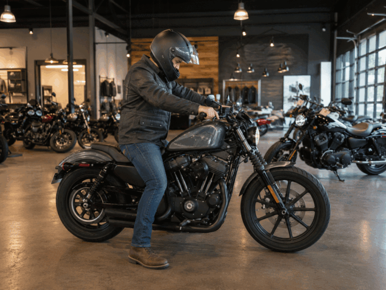 Testing motorcycle seat height — both feet should touch the ground for beginner safety