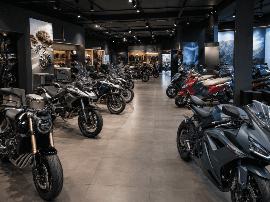 Motorcycle showroom with different types of bikes