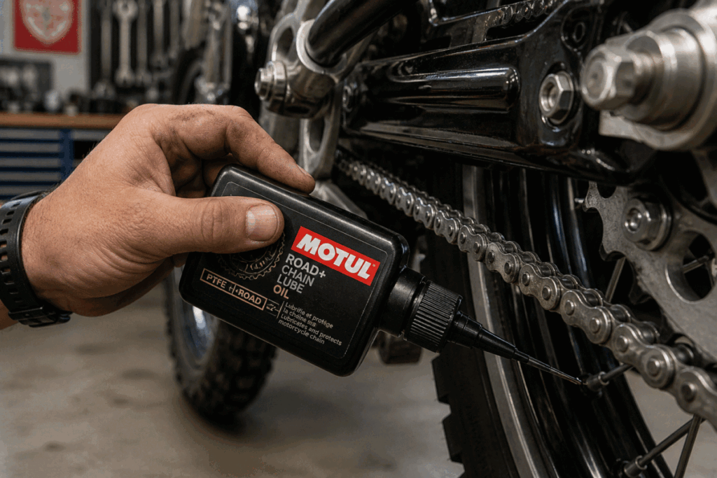 Oil type chain lubricant applied with precision nozzle between chain links
