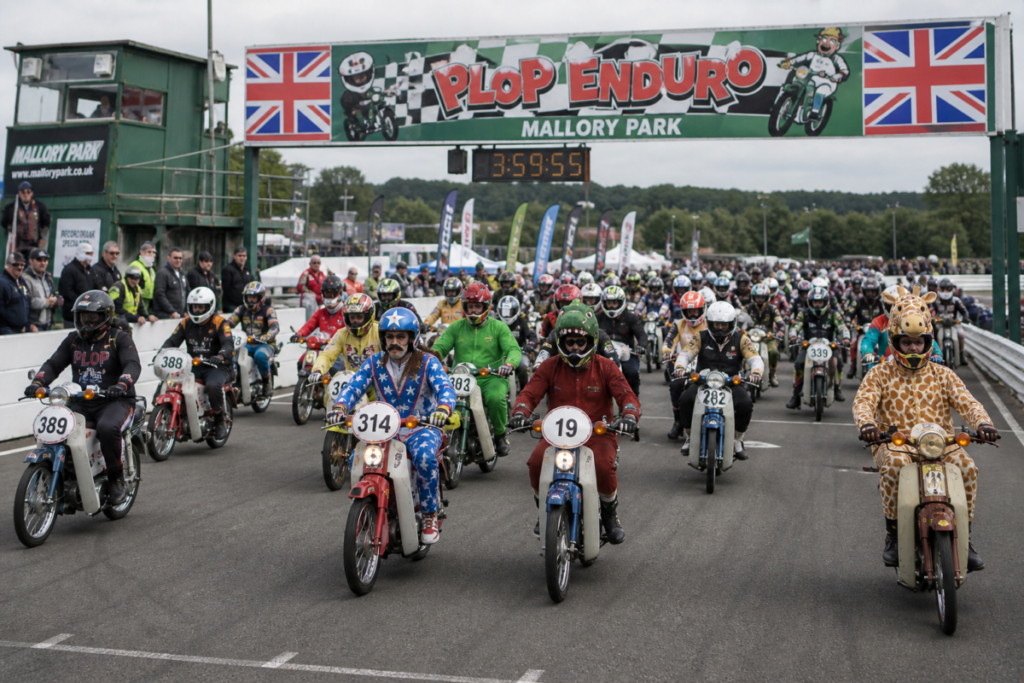 Honda C90 motorcycles racing at Mallory Park UK with costumed riders in endurance race