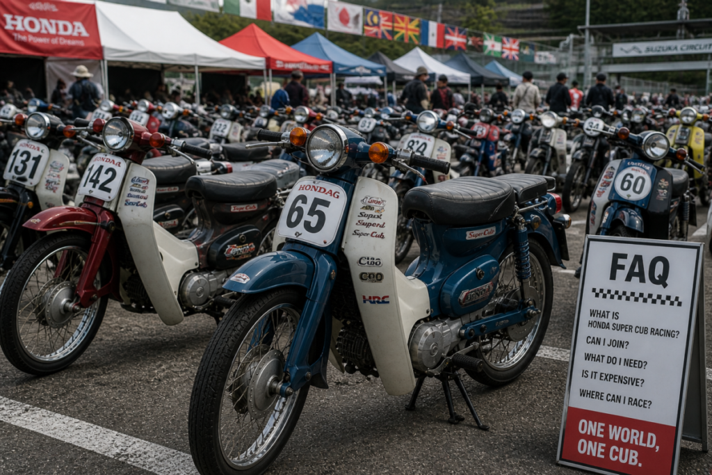 Honda Super Cub parked at race circuit paddock surrounded by other Cubs at international event