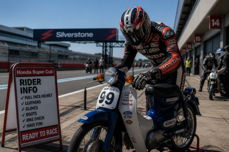 Rider in racing suit preparing Honda Super Cub at pit lane before circuit race
