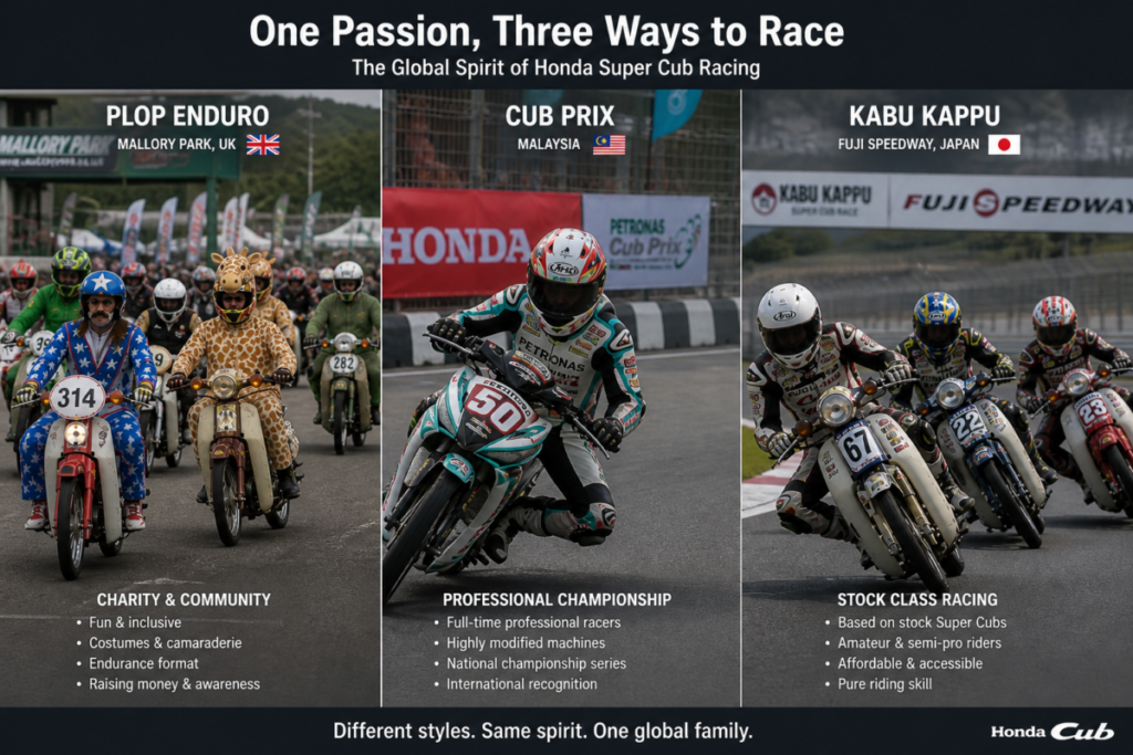 Different styles of Honda Super Cub racing from charity endurance to professional championship