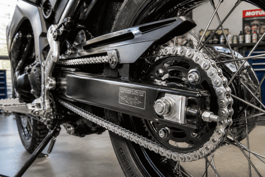 Clean motorcycle chain after wax lubricant application with no dust
