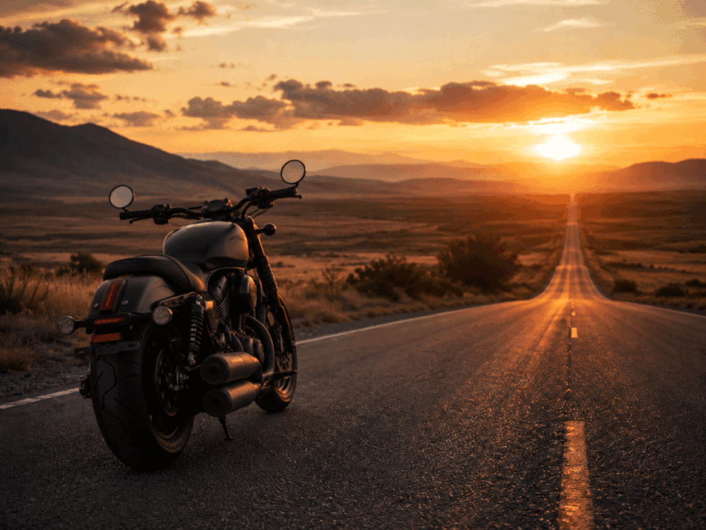 QJ Motor sportbike at dusk facing the open road
