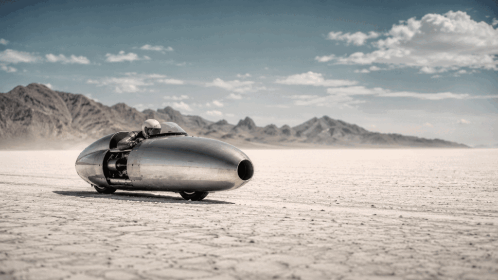 Vintage motorcycle streamliner on the Bonneville Salt Flats
